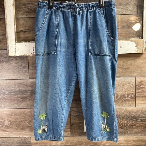 KT SPORT by KENNETHTOO Denim Elastic Waist Ladies Capri Palm Jeans Petite Large - Picture 2 of 10